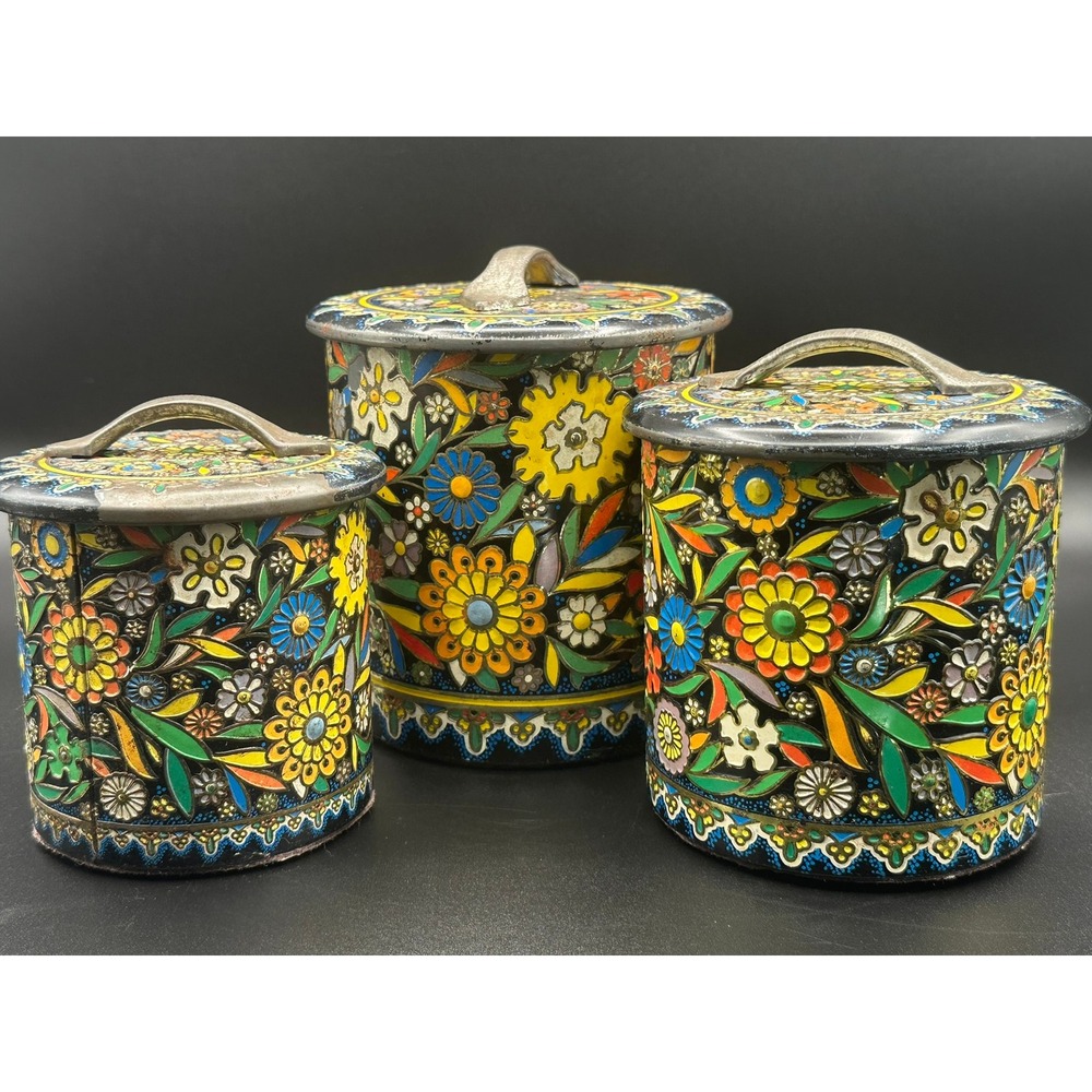 Vintage Daher Floral Metal Canisters Set of 3 Made in Holland Mid Century Tins